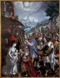Tilbedelse av magiene. Over den hellige familie og magi, stjernen til hyrden. Maleri av Maaerten de Vos (Martin de Vos, Marten de Vos) (1532-1603), flamsk kunst 1500-tallet. Museum of Fine Arts i Valenciennes.