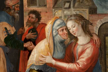 Adoration of the Magi, Triptych, Venstre panel: Holy Virgins liv, detalj, maleri på tre