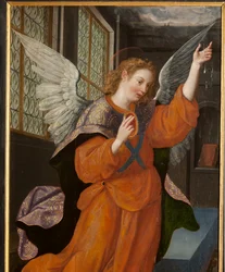 Tilbedelse av Magi, Triptych, Venstre panel, bakre del, detalj, maleri på tre
