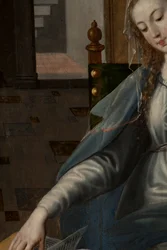 Tilbedelse av Magi, Triptych, Høyre panel bakdel, detalj, maleri på tre