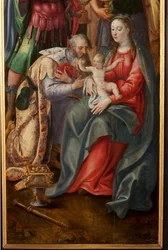 Tilbedelse av Magi, Triptych, Høyre panel, detalj, maleri på tre