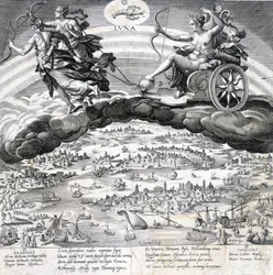 Luna: allegori om månen (Diana) og skorpionen som er under dens innflytelse (stjernetegn) - gravering av Maaerten de Vos (Martin de Vos, Marten de Vos) (1532-1603), n.d.