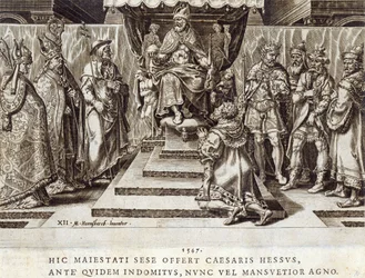 The Submission of Philip, Landgrave of Hesen i 1547, plate 12 fra 'The Military Achievements of Emperor Charles V', gravert av Dirk Volkertsz Coornhert (1522-90), 1555 (gravering og etsning)