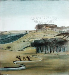Landskap med flock of Rooks (blyant, penn og blekk og akvarell på papir)
