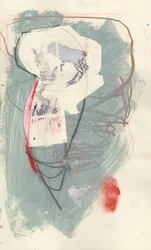 Skissebok 6, 2024 (tempera-maling, collage, fargestift på papir)