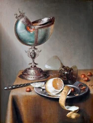 ""Nature morte a la coupe nautile"" (Still-Life with Nautilus Cup) Peinture de Marten Boelema de Stomme (1611-1644) - Olje på tre Dim 50x38 cm Hallwylska Museet, Stockholm