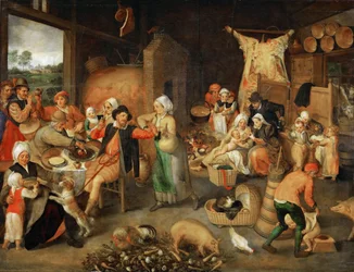 Bondestue med adelige besøkende - Marten van Cleve, den eldste (1527-1581). Olje på tre, ca 1566. Dimensjon : 123x144 cm. Kunsthistorisk museum, Vienne