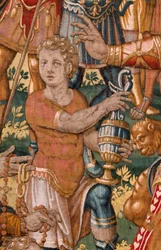 Bispedømmemuseet. Flamsk billedvev. Brussel. Atelier François Geubels. Serien Fortellingen om Gideon. Israelittene overleverer sin del av krigsbyttet til Gideon. Silke og ull. Testamentarisk gave fra biskopen.