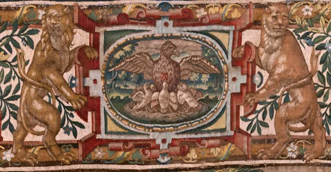 Bispedømmemuseet. Flamsk billedvev. Brussel. Atelier François Geubels. Serien Fortellingen om Gideon. Israelittene overleverer sin del av krigsbyttet til Gideon. Silke og ull. Testamentarisk gave fra biskopen.