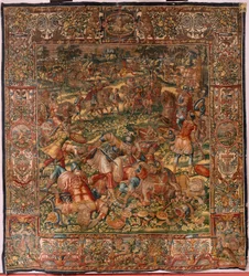 Bispedømmemuseum (Bispedømmemuseum). flamsk billedvev. Brussel. François Geubels verksted. Serien Historien om Gideon. Midianittenes nederlag. Silke og ull. Legat fra biskop Vincent Rock av Serna. Barokk. 1534-1571, i