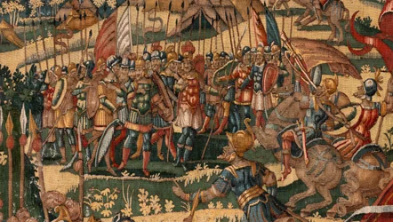 Bispedømmemuseum (Museo Diocesano). flamsk billedvev. Brussel. Atelier François Geubels. Serie Story of Gideon. Miraklet med ullfleece (Prueba del vellón de lana). Silke og ull. Legat fra biskop Vicente Roca de la Serna. Barokk. 1534-1571, i