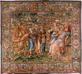 Bispedømmemuseum (Bispedømmemuseum). flamsk billedvev. Brussel. François Geubels verksted. Serien Historien om Gideon. Joasj får beskjed om at Gideon har ødelagt Ba