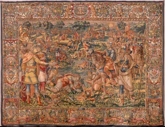 Bispedømmemuseum. flamsk billedvev. Brussel. Atelier Francois Geubels. Serien Story of Gideon. Krigerne er valgt. Silke og ull. Legat fra biskop Vicente Roca de la Serna. Barokk. 1534-1571, i ca