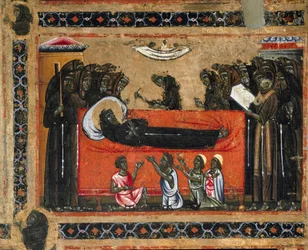Historien om Sankt Frans av Assisi#39; liv fra altertavlen til Sankt Frans av Assisi. Detalj som viser Sankt Frans av Assisi#39; død. Maleri av mesteren (Maestro) del San Francesco Bardi. Florentinerskolen fra første halvdel av 1200-tallet. 