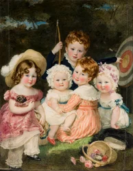 Portrett av de fem eldste barna til den andre jarlen av Bradford (1789-1865), ca. 1821-74 (olje på lerret)