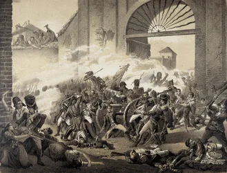 Spania. Uavhengighetskrigen (1808). Andre mai i Madrid. Luis Daoiz#39; død mens han forsvarte Monteleon-parken. Gravering etter et maleri av Manuel Castellano. Litografi.