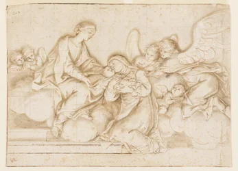 Design for et monokromt veggmaleri, Church of Corpus Domini, Bologna, Italia, St. Caterina Vigri mottar babe fra jomfruen