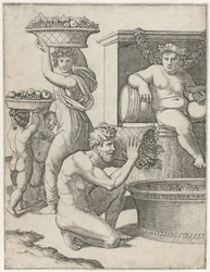 Bacchus ser på mens en mann og kvinne og to barn bærer kurver med druer for tilberedning av vin Vinlaging