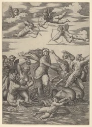Galatea stående i en vannvogn trukket av to delfiner, omgitt av tritoner, nere..., 1515-16.