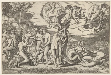Paris-dommen: Paris strekker ut hånden mot Venus, som står mellom Juno og..., ca. 1520-50.