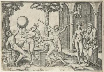 Mann med to trompeter og mann med stein på ryggen flankert av mann og kvinne med jordklode og gammel og ung mann