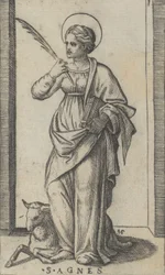 Saint Agnes står og holder en håndflate i høyre hånd, en sau nede til venstre, fra..., ca. 1500-1527.