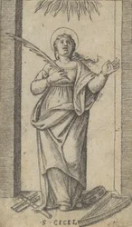 Den hellige Cecilia står og holder en martyrpalme i høyre hånd, fra se..., ca. 1500-1527.