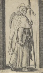 Saint James Major, boken er hans høyre hånd, staven i venstre vendt mot høyre, fra t..., ca. 1500-1527.