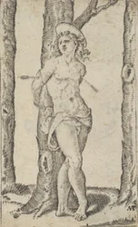 Saint Sebastian bundet til tre gjennomboret med piler, fra serien 'Piccoli Santi'..., ca. 1500-1527.