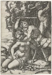 Satyr og ung mann slåss om nymfe