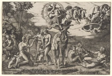 Paris#39; dom: han sitter til venstre med Venus, Juno og Pallas Athena, en bevinget seier over, ca. 1510–20 (gravering)