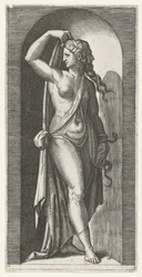 Kvinne som personifisering av Prudentia med slange og maske Seven Virtues (serietittel)