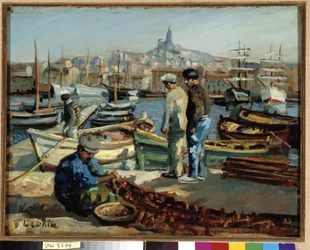 Fiskere på kaien til havnen i Marseille Maleri av Marcel Leprin (1891-1933) Obligatorisk omtale: Samling fondation hilsen de Provence, Marseille