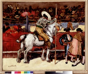 Picador og matador på arenaen for tyrefekting. Maleri av Marcel Leprin (1891-1931) Dim. 50x61 cm Obligatorisk omtale: Collection fondation regards de Provence, Marseille