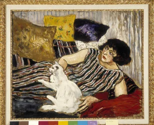 Suzanne Valadon (1865-1938) og katten hennes. Maleri av Marcel Leprin (1891-1933), obligatorisk angivelse: Collection fondation regards de provence, Marseille (45 x 54 cm)
