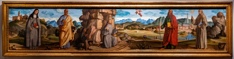 St. Frans mottar stigmata blant St. Clare og Peter, den velsignede Bartolomeo av Breganze, og St. Paul og Bernardino