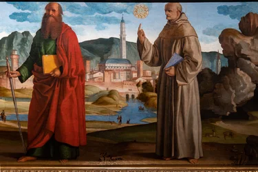 St. Francis mottar stigmata blant St. Clare og Peter, den velsignede Bartolomeo av Breganze, og St. Paul og Bernardino, detalj