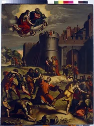 St. Stefans martyrium. (Martyrdommen til den hellige Stefanus). Kristendommens første diakon, Stephen eller Stephane (martyr i 35), blir steinet utenfor byen Jerusalem og under sin prøvelse deltar han på et mirakel, Gud og Jesus Kristus kommer til syne, gå