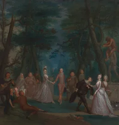 Scene i en park, med figurer fra Commedia dell'Arte