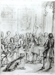 Konsert på Montague House, 1736 (penn og blekk over blyant på papir)