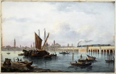 Broen over lagunen i "Album of the main views of Venezia"" tegnet av Marco Moro ed. Gio Brize-Ghel n.d 1840. ca.