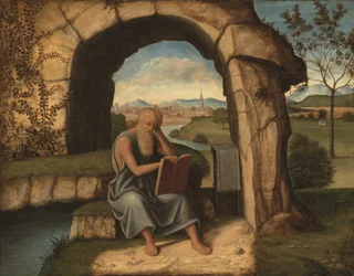 Saint Jerome in the Wilderness (olje på panel)