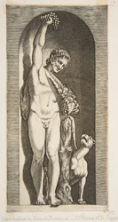 En faun som står i en nisje og holder en drueklase med høyre hånd og ..., ca. 1515-27.