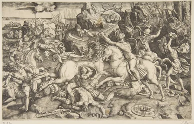 Kampscene i et landskap med soldater til hest og flere falne menn, en annen..., ca. 1520.