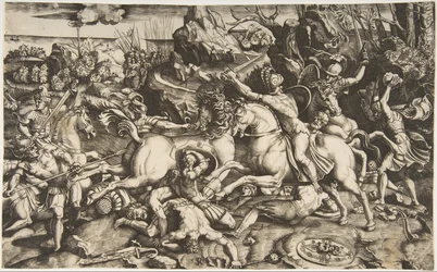 Kampscene i et landskap med soldater til hest og flere falne menn, en annen..., ca. 1520.