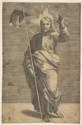 Kristus står vendt fremover, holder et kors med et banner og løfter venstre ..., ca. 1515-27.