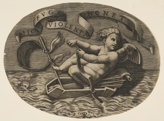 Eros rømmer sjøveien ved å bruke baugen for å drive en båt laget av koggeret hans med en ar..., ca. 1515-27.