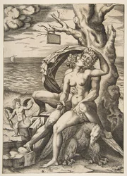 Jupiter og Semele omfavner seg, en ørn under dem, et tre til høyre med en blank t..., ca. 1515-27.