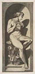 Olympus naken sittende på en trestubbe som holder rør, satt i en nisje, ca. 1515-27.