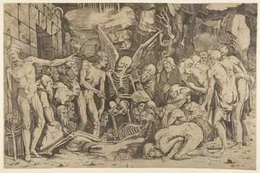 The Skeletons, en gruppe avmagrede menn og kvinner samlet rundt et skjelett lagt på ..., 1515-27.